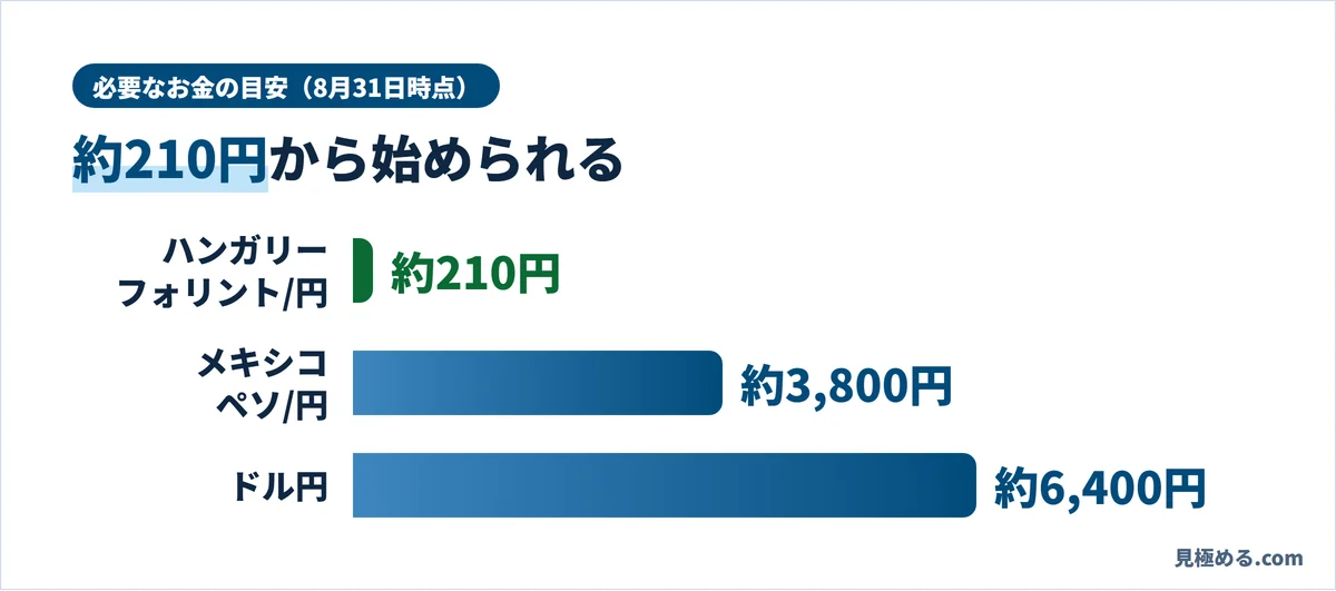 必要なお金の目安（8月31日時点）。ハンガリーフォリント/円約210円、メキシコペソ/円約3,800円、ドル円約6,400円