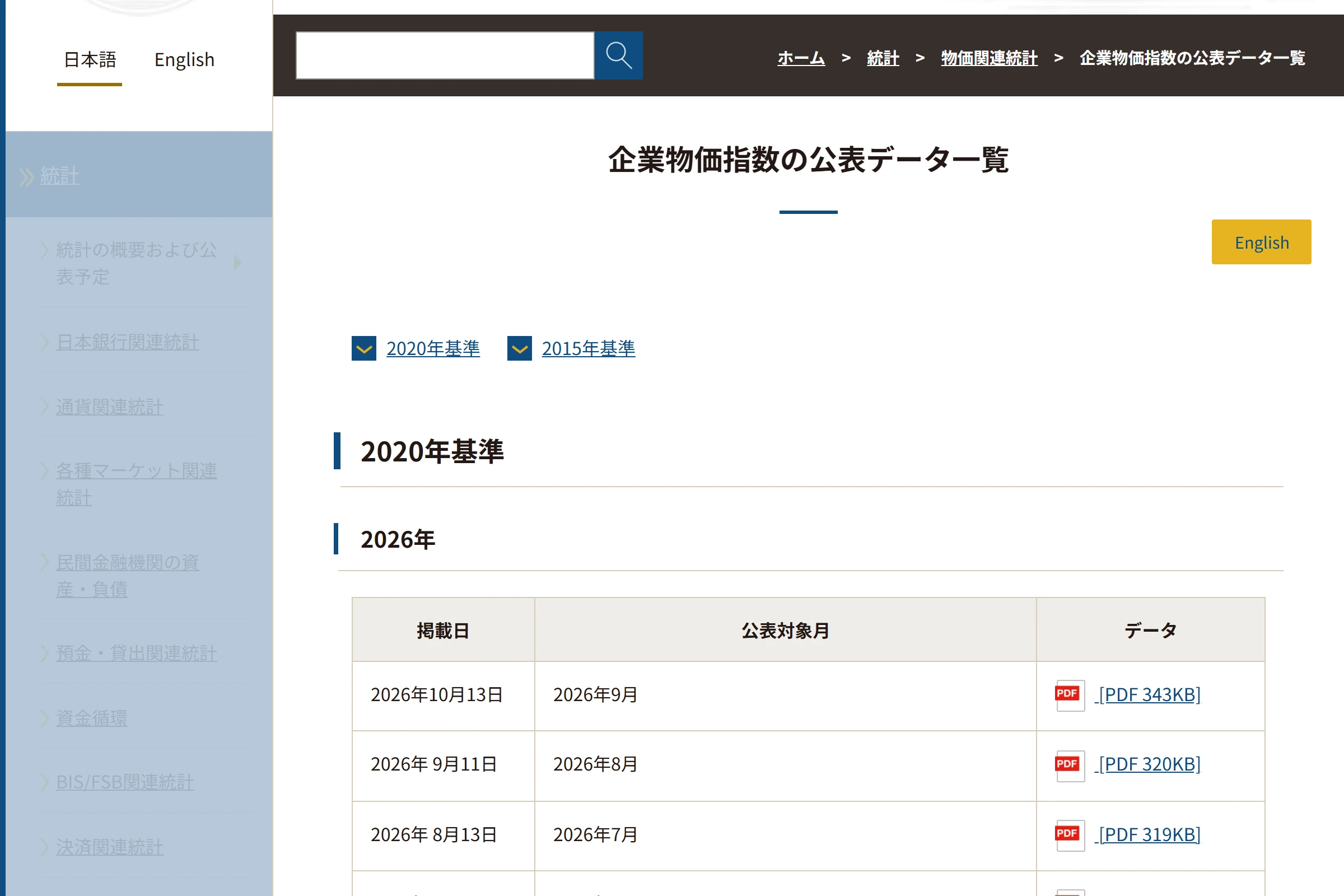 日本銀行の企業物価指数の公表データ一覧のページ。2026年10月13日掲載の2026年9月分が一番上にある