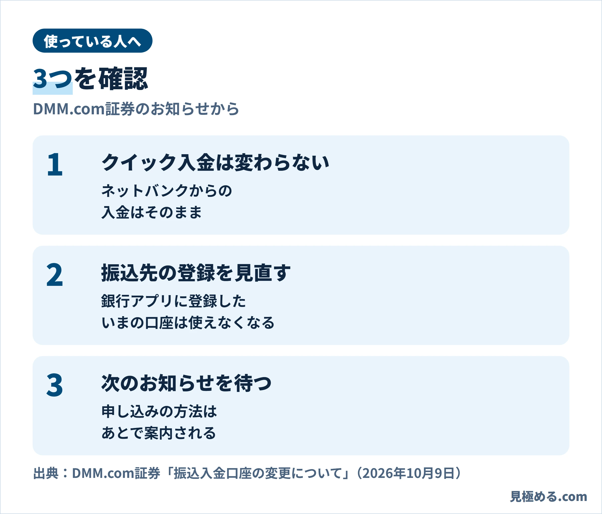 使っている人が確認したい3つ。クイック入金は変わらない、銀行アプリに登録した振込先の見直し、申し込みの方法は次のお知らせを待つ